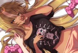 Rule 34 | 2girls, blonde hair, breasts, brown eyes, character print, commentary request, controller, covering own mouth, dark-skinned female, dark skin, eyes visible through hair, game controller, hair between eyes, hand on own chest, hand over own mouth, highres, hololive, jewelry, long hair, looking at viewer, lying, medium breasts, midriff, multicolored hair, multiple girls, navel, on back, pointy ears, pov, print shirt, ralf, ring, sans (undertale), shiranui flare, shirt, short sleeves, streaked hair, undertale, very long hair, virtual youtuber, wedding band, white background, white hair