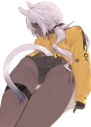 Rule 34 | 1girl, arknights, ass, black panties, blue eyes, blush, camel ears, camel girl, camel tail, cameltoe, closed mouth, commentary, cowboy shot, dark-skinned female, dark skin, from behind, from below, highres, jacket, kochiya (gothope), long hair, looking at viewer, looking back, no pants, paid reward available, panties, ponytail, side-tie panties, simple background, solo, standing, sweatdrop, thigh gap, thigh strap, thighs, tuye (arknights), underwear, white background, white hair, yellow jacket