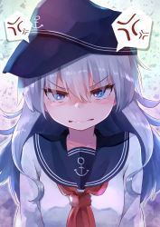Rule 34 | 1girl, absurdres, anchor symbol, anger vein, black hat, black sailor collar, blue eyes, commentary request, flat cap, hat, hibiki (kancolle), highres, kantai collection, long hair, looking at viewer, neckerchief, red neckerchief, sailor collar, silver hair, solo, spoken anger vein, taisho (gumiyuki), upper body