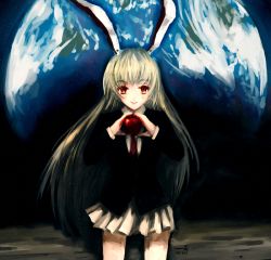 Rule 34 | 1girl, animal ears, apple, archlich, rabbit ears, earth (planet), female focus, food, fruit, holding, holding food, holding fruit, red eyes, reisen udongein inaba, solo, touhou