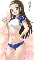 Rule 34 | 1girl, armlet, blush, breasts, brown hair, buruma, circlet, commentary request, dragon quest, dragon quest viii, green eyes, gym uniform, imaichi, long hair, looking at viewer, medea, open mouth, princess, shirt, smile, solo