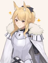 Rule 34 | 1girl, animal ear fluff, animal ears, arknights, armor, black bow, blemishine (arknights), blonde hair, bow, breastplate, brown eyes, cape, commentary, fur trim, genno 19pkn, grey background, hair bow, highres, horse ears, long hair, looking at viewer, pauldrons, shoulder armor, sidelocks, simple background, smile, solo, upper body, white cape