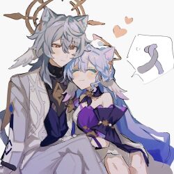 Rule 34 | 1boy, 1girl, animal ears, arm at side, black shirt, blue hair, blush, cat boy, cat ears, cat girl, cat tail, closed eyes, closed mouth, crossed legs, cuddling, dress, facing another, feet out of frame, grey hair, hair between eyes, halo, head wings, heart, honkai: star rail, honkai (series), inagoinaire, intertwined tails, jacket, kemonomimi mode, looking at another, open clothes, open jacket, pants, purple dress, robin (honkai: star rail), shirt, sidelocks, simple background, sitting, smile, speech bubble, sunday (honkai: star rail), tail, white background, white jacket, white pants, wings