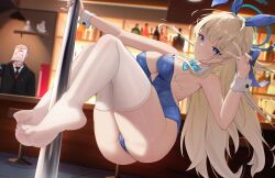 1girl absurdres animal_ears blonde_hair blue_archive blue_eyes fake_animal_ears feet highres leotard light_blush long_hair looking_at_viewer parted_lips pole_dancing rabbit_ears radoremo see-through_clothes see-through_legwear soles thighhighs toes toki_(blue_archive) toki_(bunny)_(blue_archive) v white_thighhighs