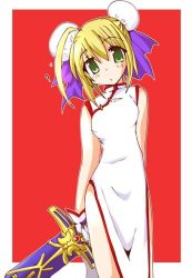 Rule 34 | 00s, ahoge, alternate costume, artoria pendragon (all), artoria pendragon (fate), blonde hair, bun cover, china dress, chinese clothes, double bun, dress, fate/stay night, fate (series), green eyes, hair ribbon, ribbon, saber (fate), solo, sword, type-moon, weapon