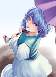 Rule 34 | 1girl, :p, blue eyes, blue hair, blue skirt, blue vest, commentary, dryseaweed, eyes visible through hair, feet out of frame, from above, from behind, gradient background, hair between eyes, head tilt, heterochromia, highres, holding, holding umbrella, korean commentary, long sleeves, looking at viewer, looking back, puddle, red eyes, shirt, short hair, simple background, skirt, solo, standing, tatara kogasa, tongue, tongue out, touhou, umbrella, vest, white shirt