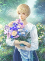 Rule 34 | 1girl, artist request, blonde hair, blue eyes, blue flower, blue skirt, blurry, bokeh, bouquet, commentary request, cowboy shot, crossed arms, dappled sunlight, day, depth of field, flower, fog, forest, grass, highres, holding, holding flower, landscape, leaf, light smile, lips, long sleeves, looking at viewer, meadow, nakamitsu, nature, nose, original, outdoors, plant, purple flower, rose, shirt, short hair, skirt, sky, sleeves rolled up, solo, standing, sunlight, tree, tree shade, white flower, white shirt, yellow flower, yellow rose