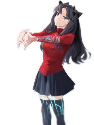 Rule 34 | 1girl, black bow, black hair, black skirt, black thighhighs, blue eyes, bow, cracking knuckles, fate/stay night, fate (series), hair bow, interlocked fingers, long hair, looking at viewer, magic crest, miniskirt, red sweater, skirt, solo, sweater, thighhighs, thighs, tohsaka rin, turtleneck, two side up, ubwmitekure, white background, zettai ryouiki