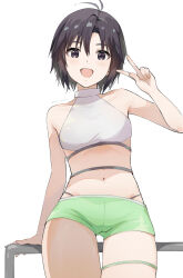 Rule 34 | 1girl, :d, bare arms, bare shoulders, black eyes, black hair, cowboy shot, crop top, facing viewer, gluteal fold, halterneck, idolmaster, kikuchi makoto, looking at viewer, matching hair/eyes, midriff, mogskg, navel, open mouth, short shorts, shorts, simple background, smile, solo, standing, thigh gap, v, w, white background