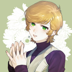 Rule 34 | 1girl, blonde hair, brown jacket, commentary request, fingernails, floral background, green background, green eyes, gundam, gundam unicorn, hands up, highres, jacket, long sleeves, looking at viewer, mineva lao zabi, own hands together, palms together, parted lips, portrait, purple shirt, shirt, short hair, sleeveless, sleeveless jacket, solo, teeth, turtleneck, ususio 11