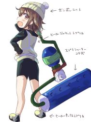 Rule 34 | 10s, 1girl, alternate costume, beanie, black shorts, brown hair, commentary request, darkside, fang, hair ornament, hairclip, hat, ikazuchi (kancolle), kantai collection, looking at viewer, looking back, nintendo, open mouth, paint roller, short hair, shorts, solo, splat roller (splatoon), splatoon (series), splatoon 1, translation request