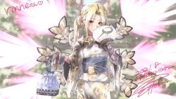 Rule 34 | 1girl, angel, blonde hair, breasts, closed mouth, commission, dated, dress, gloves, halo, iseria queen, japanese clothes, kimono, kuroi mimei, long hair, looking at viewer, signature, skeb commission, smile, solo, star ocean, star ocean the second story, wings