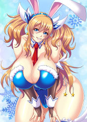 Rule 34 | 1girl, alternate costume, animal ears, arms under breasts, artist request, bare shoulders, blonde hair, blue eyes, blue leotard, blush, breasts, breasts out, cleavage, curvy, fake animal ears, fingerless gloves, gloves, highleg, highleg leotard, highres, huge breasts, leotard, long hair, looking at viewer, mifune seijirou, naughty face, official alternate costume, onizaki kirara, open mouth, playboy bunny, plump, rabbit ears, seductive smile, shiny clothes, shiny skin, simple background, smile, solo, sweat, taimanin (series), taimanin rpgx, thong leotard, twintails, very long hair, wide hips