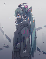 Rule 34 | 1girl, absurdres, blue eyes, blue hair, clothing request, commentary request, covered mouth, eyebrows hidden by hair, from side, gas mask, grey background, hair ornament, hatsune miku, headphones, highres, long hair, long sleeves, looking down, mask, pocket, profile, qizhongji, solo, standing, tagme, twintails, upper body, very long hair, vocaloid