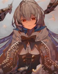 Rule 34 | 1girl, ahoge, brown capelet, brown cloak, brown corset, brown hair, capelet, cloak, cloud, cloudy sky, corset, f15xallen, falling feathers, feather hair ornament, feathers, hair ornament, hairclip, hieroglyphics, highres, hololive, hololive english, long hair, multicolored hair, nanashi mumei, red eyes, ribbon, shaded face, shirt, sky, solo, streaked hair, very long hair, virtual youtuber, white shirt