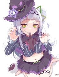 Rule 34 | 1girl, absurdres, barefoot, belt, black gloves, glove in mouth, gloves, green eyes, grey hair, hat, highres, hololive, masute, mouth hold, murasaki shion, nail polish, navel, sitting, skirt, solo, unworn gloves, virtual youtuber, wariza, white background, witch hat