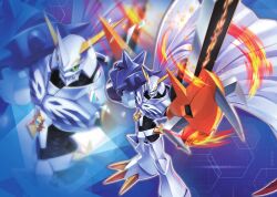 Rule 34 | arm blade, arm cannon, armor, blue background, cape, digimon, digimon (creature), digimon card game, emblem, fire, from above, green eyes, highres, horns, looking at viewer, mecha, multiple heads, no humans, official art, omegamon, robot, shoulder armor, spikes, sword, tyuga, weapon, white cape, zoom layer