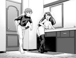 Rule 34 | 1boy, 1girl, absurdres, ankoman, ass, bar censor, breasts, censored, clothes, erection, fate/grand order, fate (series), grabbing, highres, large breasts, large penis, long hair, matou shinji, monochrome, open clothes, open mouth, penis, short hair, testicles, tohsaka rin, veins, veiny penis