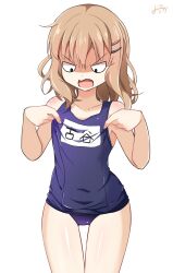 Rule 34 | 1girl, blue one-piece swimsuit, highres, inakami, light brown hair, looking down, name tag, old school swimsuit, one-piece swimsuit, oomuro-ke, oomuro sakurako, open mouth, school swimsuit, shaded face, short hair, simple background, solo, swimsuit, thigh gap, wavy hair, white background, yuru yuri