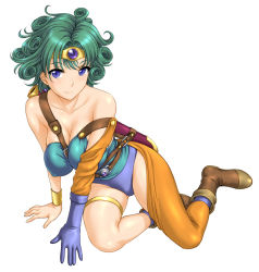 Rule 34 | 1girl, bare shoulders, blue eyes, boots, breasts, chunsoft, circlet, cleavage, curly hair, dragon quest, dragon quest iv, elbow gloves, enix, gloves, green hair, heroine (dq4), large breasts, leotard, solo, st.germain-sal, strap, strap slip