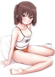 Rule 34 | 1girl, absurdres, barefoot, breasts, brown eyes, brown hair, crop top, cup, feet, grin, highres, kantai collection, legs, mug, orange panties, panties, pillow, sendai (kancolle), short hair, simple background, sitting, small breasts, smile, soles, solo, spaghetti strap, tank top, tiemu (man190), toes, two side up, underwear, wariza, white background, white tank top