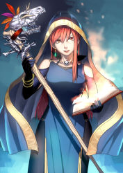 Rule 34 | 1girl, absurdres, bangle, black gloves, black legwear, blue dress, book, bracelet, brown eyes, dress, earrings, elbow gloves, gloves, highres, holding, holding book, holding staff, hood, jewelry, long hair, looking at viewer, necklace, open book, original, red hair, saumaro, simple background, skull, skull necklace, solo, staff, standing, witch