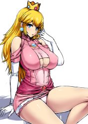 Rule 34 | 1girl, blonde hair, blue eyes, breasts, brooch, cleavage, cleavage cutout, clothing cutout, covered navel, crown, detached sleeves, dress, earrings, elbow gloves, gloves, hair flip, high collar, huge breasts, ishimiso (ishimura), jewelry, long hair, mario (series), nintendo, panties, pantyshot, princess peach, short dress, sitting, super mario bros. 1, thick thighs, thighs, tight clothes, underwear