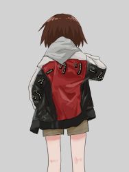 Rule 34 | 1girl, bad id, bad pixiv id, bomber jacket, brown hair, brown shorts, commentary, dated commentary, facing away, from behind, gishiki (gshk), grey background, highres, hood, hood down, hoodie, jacket, kill me baby, kneepits, long sleeves, oribe yasuna, short hair, shorts, simple background, solo, standing