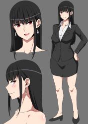 Rule 34 | 1girl, absurdres, bare legs, black hair, breasts, business suit, female focus, formal, hara (harayutaka), highres, large breasts, office lady, open mouth, original, pencil skirt, red eyes, skirt, smile, source request, suit