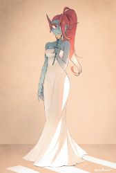 Rule 34 | 1girl, alternate costume, blue skin, breasts, brown background, collarbone, colored sclera, colored skin, commentary request, dress, fins, full body, head fins, highres, medium breasts, monster girl, noah (tettsui-sole), ponytail, red hair, see-through, smile, solo, standing, strapless, strapless dress, undertale, undyne, yellow sclera