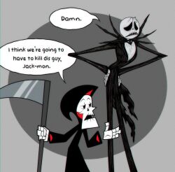 Rule 34 | 2boys, absurdres, commentary, crossover, english commentary, english text, formal, grey background, grim (grim adventures), highres, holding, holding scythe, i think we&#039;re gonna have to kill this guy steven (meme), jack skellington, meme, multiple boys, pinstripe pattern, pinstripe suit, rasbipac, scythe, skeleton, speech bubble, striped, suit, the grim adventures of billy &amp; mandy, the nightmare before christmas, two-tone background