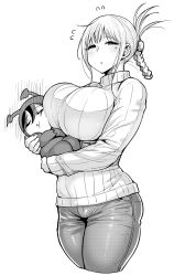 Rule 34 | 1girl, baby, bad id, bad tumblr id, braid, breasts, cowboy shot, curvy, denim, flying sweatdrops, greyscale, highres, huge breasts, jeans, long hair, mole, mole under eye, monochrome, pants, ribbed sweater, simple background, sketch, sweater, synecdoche, thick thighs, thighs, white background, wide hips