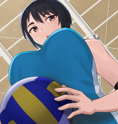 Rule 34 | 1girl, asymmetrical bangs, ball, black hair, breasts, brown eyes, ceiling, commentary request, elbow pads, from below, hashi, holding, holding ball, indoors, large breasts, looking at viewer, original, short bangs, short hair, solo, volleyball, volleyball (object)