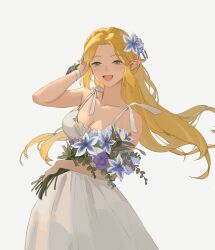 Rule 34 | 1girl, blonde hair, bouquet, breasts, cleavage, dress, flower, green eyes, hair flower, hair intakes, hair ornament, hand in own hair, highres, holding, holding bouquet, large breasts, lemonsam, long hair, nintendo, open mouth, pointy ears, princess zelda, simple background, smile, solo, the legend of zelda, white background, white dress, wristband