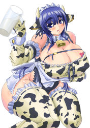 Rule 34 | 1girl, animal ears, apron, bare shoulders, bell, blue eyes, blue hair, breasts, cleavage, cow, cow ears, cow girl, curvy, elbow gloves, female focus, gloves, highres, hip focus, horns, huge breasts, long hair, maid, maid apron, maid headdress, matching hair/eyes, no panties, original, renges, simple background, solo, thick thighs, thighhighs, thighs, white background, wide hips