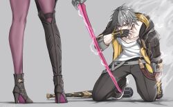 Rule 34 | 1boy, 1girl, absurdres, after battle, angry, bad source, baseball bat, beaten, black gloves, black jacket, caelus (honkai: star rail), cluhob, gloves, grey hair, high heels, highres, holding, holding sword, holding weapon, honkai: star rail, honkai (series), jacket, kafka (honkai: star rail), kneeling, long sleeves, open clothes, open jacket, pink thighhighs, pink weapon, standing, steaming body, sword, thighhighs, trailblazer (honkai: star rail), weapon, white background, wiping mouth