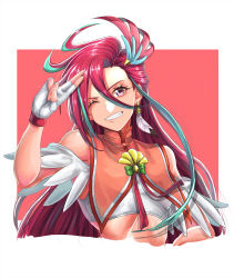 Rule 34 | 1girl, absurdres, crop top, cure flamingo, earrings, feather earrings, feathers, hair ornament, highres, jewelry, long hair, looking at viewer, magical girl, one eye closed, precure, purple eyes, red background, red hair, sakana sakanama, smile, takizawa asuka, tropical-rouge! precure, two-tone background, upper body, white background