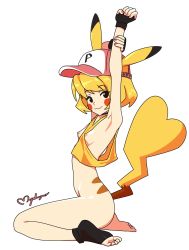 Rule 34 | 1girl, armpits, arms up, baseball cap, blonde hair, blush stickers, body markings, bottomless, breasts, creatures (company), crop top, female focus, fingerless gloves, from side, game freak, gen 1 pokemon, gloves, hat, highres, looking at viewer, mmmalice, nintendo, nipples, personification, pikachu, pikachu ears, pikachu tail, pokemon, pokemon ears, pokemon tail, signature, simple background, single sock, sitting, skinny, small breasts, socks, solo, stretching, tail, toeless footwear, toes, wariza, white background