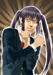 Rule 34 | 1girl, azuma takahiro, blue jacket, brown background, brown eyes, clenched hands, closed mouth, commentary request, emphasis lines, female focus, gaou (umaiyo puyoman), hands up, jacket, k-on!, long hair, long sleeves, looking at viewer, manly, nakano azusa, neck ribbon, parody, purple hair, real life, realistic, red ribbon, ribbon, school uniform, shirt, sidelocks, smile, solo, twintails, upper body, very long hair, white shirt