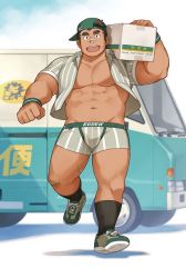 Rule 34 | 1boy, :d, abs, backwards hat, bandaid, bandaid on face, bandaid on leg, bandaid on nose, bara, black hair, boxers, bulge, car, carrying over shoulder, collared shirt, edge (brand), full body, grey male underwear, hat, kuro nezumi inu, large pectorals, looking at viewer, male focus, male underwear, mature male, motor vehicle, muscular, muscular male, navel, no nipples, no pants, open clothes, open mouth, open shirt, original, package, pectorals, print male underwear, second-party source, shirt, shoes, short hair, sideburns, smile, sneakers, socks, solo, stomach, thick eyebrows, thick thighs, thighs, underwear, walking