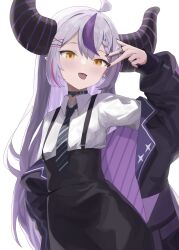 Rule 34 | 1girl, absurdres, belt collar, black horns, black nails, braid, braided bangs, evening rabbit, grey hair, highres, hololive, horns, jacket, la+ darknesss, multicolored hair, necktie, piercing, pointy ears, purple hair, solo, streaked hair, striped horns, tongue, tongue out, tongue piercing, virtual youtuber, yellow eyes