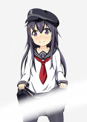 Rule 34 | &gt;:), 1girl, akatsuki (kancolle), anchor symbol, black hat, black pantyhose, blush, closed mouth, clothes lift, collarbone, commentary request, cowboy shot, doyagao, flat cap, grey background, hair between eyes, hat, head tilt, highres, kantai collection, lifted by self, light censor, long hair, long sleeves, looking at viewer, neckerchief, nose blush, panties, panties under pantyhose, pantyhose, purple eyes, purple hair, red neckerchief, school uniform, serafuku, shirt, simple background, skirt, skirt lift, smile, smug, solo, standing, underwear, v-shaped eyebrows, very long hair, white shirt