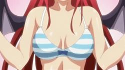 Rule 34 | 1girl, animated, animated gif, bouncing breasts, bra, breast expansion, breasts, bursting breasts, demon girl, demon wings, fang, itadaki! seieki, large breasts, lowres, pointy ears, red eyes, red hair, screencap, setogaya mari, solo, striped bra, striped clothes, underwear, wings