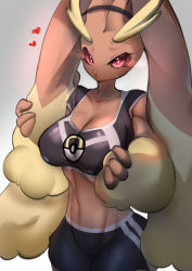 Rule 34 | 1girl, :&lt;, absurdres, animahakim, animal ears, bare shoulders, breasts, closed mouth, collarbone, commentary request, cowboy shot, creatures (company), crop top, eyelashes, furry, furry female, game freak, gen 4 pokemon, gradient background, grey background, heart, highres, holding, horns, large breasts, lopunny, navel, nintendo, no humans, poke ball, pokemon, pokemon (creature), rabbit ears, rabbit girl, red eyes, shadow, short shorts, shorts, simple background, solo, sweat, taut clothes, thick thighs, thighs, toned, ultra ball