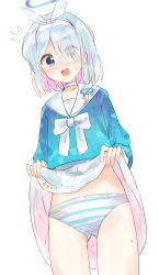 Rule 34 | 1girl, arona (blue archive), bad id, bad twitter id, blue archive, blue hair, clothes lift, eyes visible through hair, hair over one eye, halo, highres, lifted by self, multicolored hair, open mouth, panties, pink hair, rogu (log 264), sailor collar, school uniform, serafuku, shirt, skirt, skirt lift, solo, striped clothes, striped panties, sweat, sweatdrop, underwear, white shirt