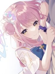 Rule 34 | 1girl, blue archive, blush, capelet, closed mouth, dress, flower, hair bun, hair flower, hair ornament, halo, highres, long hair, looking at viewer, mika (blue archive), pink hair, pink halo, purple flower, purple scrunchie, scrunchie, shu10, simple background, single side bun, smile, solo, upper body, white background, white capelet, white dress, wrist scrunchie, yellow eyes