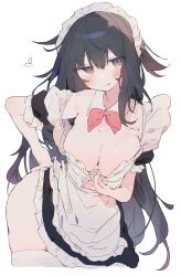 Rule 34 | 1girl, apron, armpit crease, black eyes, black hair, blush, bow, bowtie, breasts, center opening, cleavage, clothes pull, collar, collarbone, commission, cowboy shot, detached collar, dress, frilled dress, frills, hand on own chest, hand on own hip, heart, highres, large breasts, long hair, maid, maid apron, maid headdress, open mouth, original, otintin, parted lips, pink bow, pink bowtie, puffy short sleeves, puffy sleeves, pulled by self, short sleeves, simple background, skeb commission, solo, thighhighs, very long hair, white apron, white background, white collar, white headdress, white thighhighs