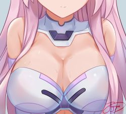 Rule 34 | 1girl, breasts, choujigen game neptune, cleavage, cleavage cutout, clothing cutout, highres, kagamine len (1249229864), leotard, long hair, medium breasts, neptune (series), pink hair, purple sister, signature, simple background, solo, sweat, upper body, white leotard