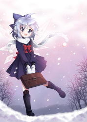 Rule 34 | 1girl, alternate costume, bag, bare tree, blue eyes, blue hair, boots, bow, cirno, earmuffs, hair bow, kneehighs, looking at viewer, matching hair/eyes, mauve, mittens, open mouth, perfect cherry blossom, scarf, school bag, school uniform, serafuku, smile, snow, snowing, socks, solo, touhou, tree, wings