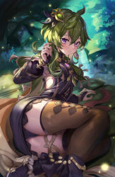 Rule 34 | 1girl, ahoge, ankle boots, arm support, ass, black dress, black footwear, black gloves, black panties, blush, boots, breasts, brown thighhighs, closed mouth, collei (genshin impact), docozi, dress, feet out of frame, genshin impact, gloves, green hair, hair ornament, hand up, highres, long hair, long sleeves, looking at viewer, lying, on side, outdoors, panties, partially fingerless gloves, purple eyes, small breasts, solo, tassel, thighhighs, thighlet, thighs, underwear, upskirt